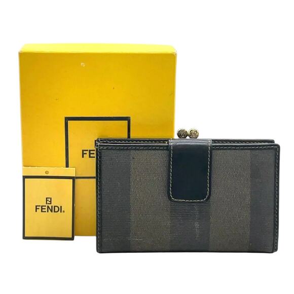 FENDI Pecan Clasp Bi-fold Black Beige Wallet W/Box - Picture 1 of 15